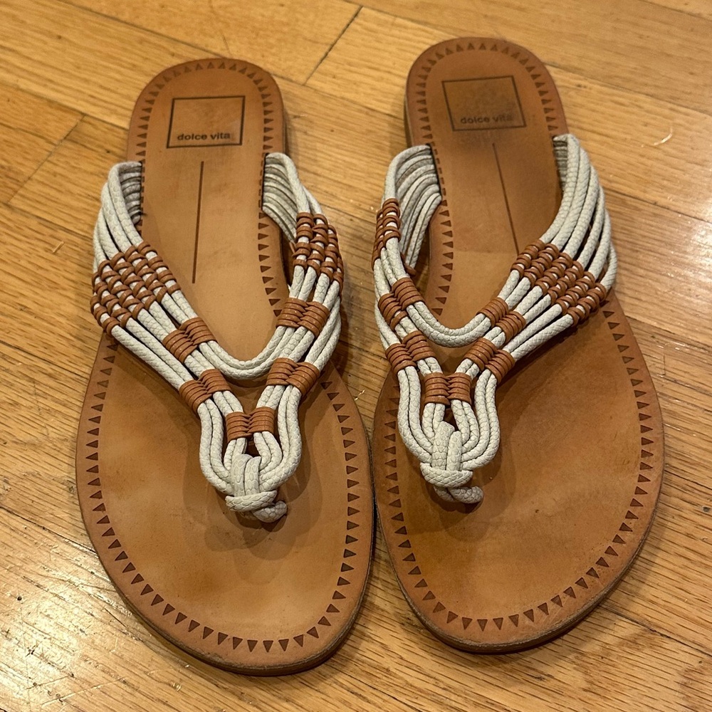 Dolce Vita Brown and Cream Woven Flip Flops